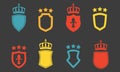 Shields set. Collection of different shield shapes with crown and stars. Heraldic royal design in flat style. Vector illustration